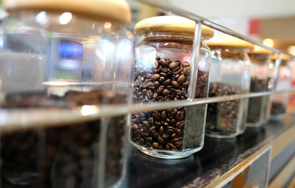 Coffee beans in glass container